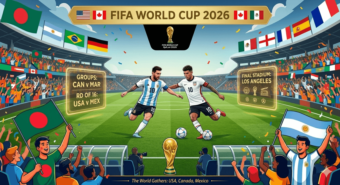FIFA World Cup 2026 official match schedule banner featuring host stadiums in USA, Canada, and Mexico.