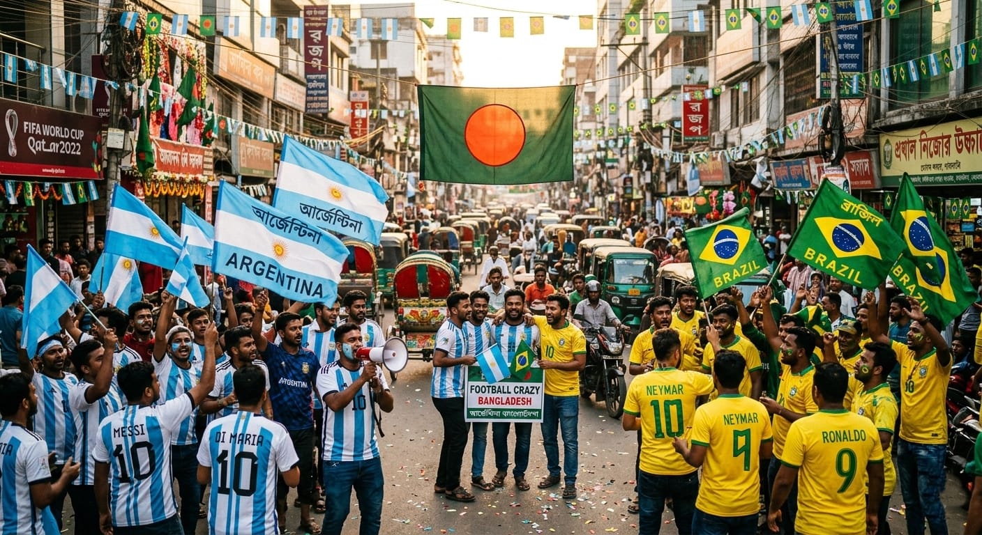Hundreds of football World Cup fans in Bangladesh flying giant flags on rooftops.